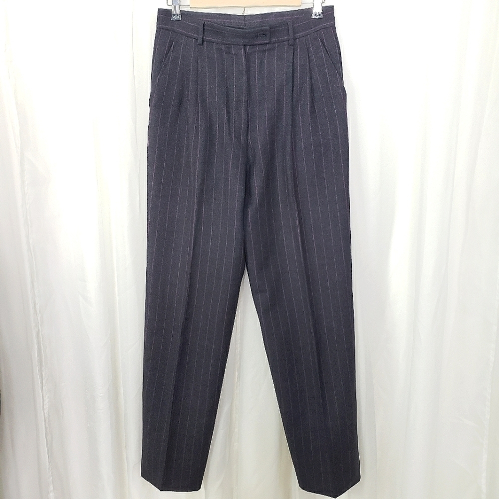 Vintage Burberry wool pleated trouser charcoal gray pink pinstripe size 10